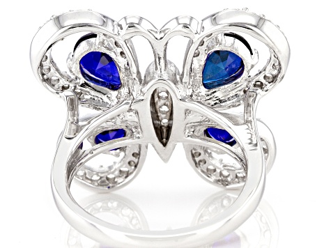 Pre-Owned Lab Blue Sapphire & White Cubic Zirconia Rhodium Over Sterling Silver Butterfly Ring 3.80c