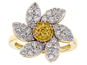 Picture of Pre-Owned Natural Butterscotch And White Diamond 10k Yellow Gold Floral Cluster Ring 1.25ctw
