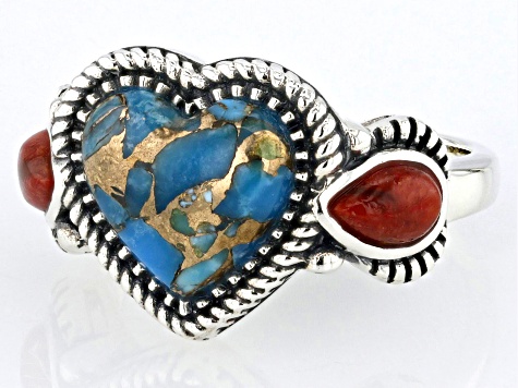 Pre-Owned Blue Heart Turquoise and 6x10mm Pear Red Coral Sterling Silver Ring