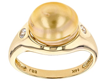 Picture of Pre-Owned Golden Cultured South Sea Pearl With White Zircon 14k Yellow Gold Ring