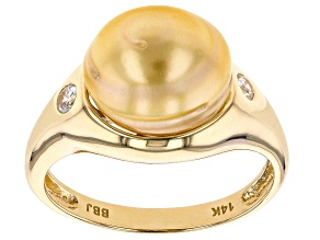 Pre-Owned Golden Cultured South Sea Pearl With White Zircon 14k Yellow Gold Ring