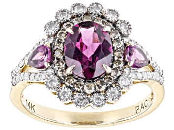 Picture of Pre-Owned Rhodolite Garnet With Champagne & White Diamond 14k Yellow Gold Ring 2.14ctw
