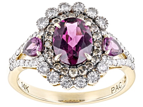 Pre-Owned Rhodolite Garnet With Champagne & White Diamond 14k Yellow Gold Ring 2.14ctw