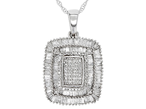 Pre-Owned White Diamond 10k White Gold Cluster Pendant With Adjustable Rope Chain 1.15ctw