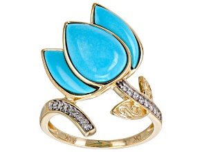 Pre-Owned Blue Sleeping Beauty Turquoise with Diamond 10k Yellow Gold Ring 0.07ctw