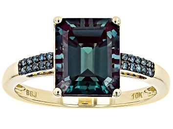 Picture of Pre-Owned Blue Lab Created Alexandrite with Blue Diamond 10k Yellow Gold Ring 3.39ctw