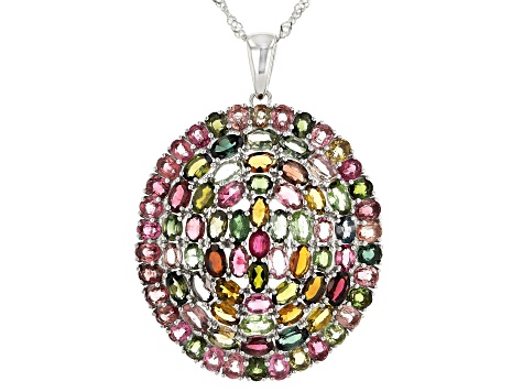 Pre-Owned Multi-Tourmaline Rhodium Over Silver Pendant With Chain 13.79ctw