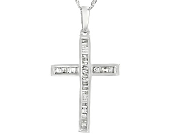Picture of Pre-Owned White Diamond 10k White Gold Cross Pendant With Chain 0.50ctw