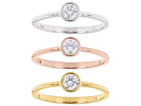 Pre-Owned Moissanite Platineve and 14k rose and yellow gold over sterling silver ring set of three .