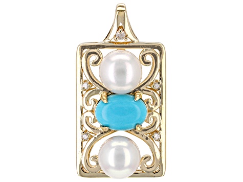Pre-Owned Blue Sleeping Beauty Turquoise, Cultured Freshwater Pearl, White Diamond 10k Gold Pendant
