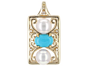 Pre-Owned Blue Sleeping Beauty Turquoise, Cultured Freshwater Pearl, White Diamond 10k Gold Pendant