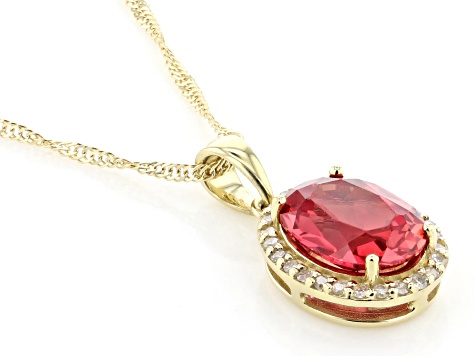 Pre-Owned Lab Created Padparadscha Sapphire With White Diamond 10k Yellow Gold Pendant With Chain 2.