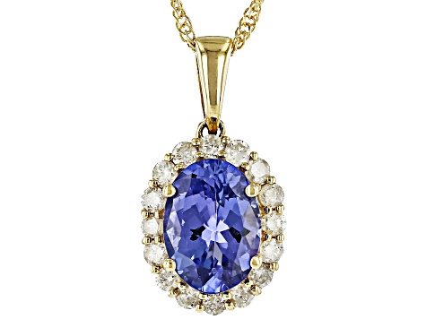 Pre-Owned Blue Tanzanite With White Diamond 10k Yellow Gold Pendant With Chain 1.36ctw