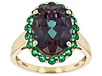 Picture of Pre-Owned Blue Lab Created Alexandrite With Lab Created Emerald 10k Yellow Gold Ring 6.82ctw