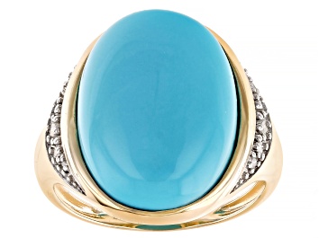 Picture of Pre-Owned Blue Sleeping Beauty Turquoise With White Diamond 14k Yellow Gold Ring 0.08ctw
