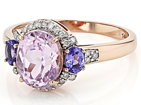 Pre-Owned Pink Kunzite With Blue Tanzanite And White Diamond 14k Rose Gold Ring 2.63ctw