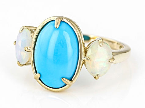 Pre-Owned Blue Sleeping Beauty Turquoise With Ehtiopian Opal 10k Yellow Gold Ring 0.76ctw