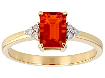 Picture of Pre-Owned Fire Opal And White Diamond 14k Yellow Gold Ring 0.48ctw
