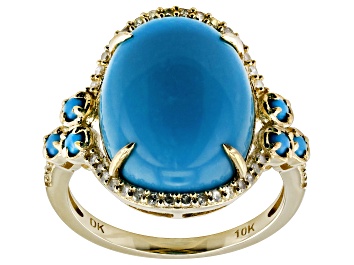 Picture of Pre-Owned Blue Sleeping Beauty Turquoise With White Diamond 10k Yellow Gold Ring 0.15ctw
