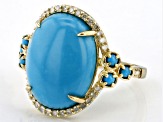 Pre-Owned Blue Sleeping Beauty Turquoise With White Diamond 10k Yellow Gold Ring 0.15ctw
