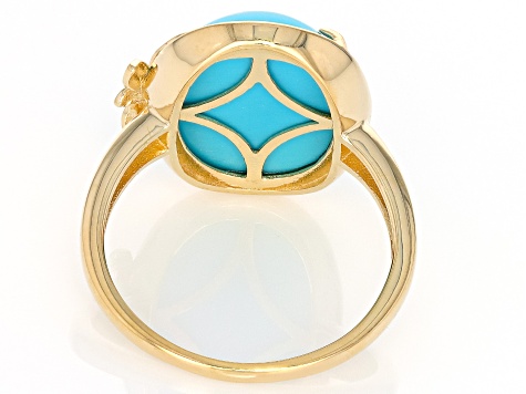 Pre-Owned Blue Sleeping Beauty Turquoise With White Diamond 14k Yellow Gold Ring 0.01ctw