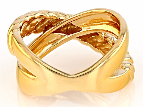 Pre-Owned 18k Yellow Gold Over Sterling Silver Polished & Textured Crossover Ring