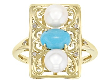 Picture of Pre-Owned Blue Sleeping Beauty Turquoise, Cultured Freshwater Pearl, Diamond 10k Yellow Gold Ring 0.