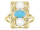 Pre-Owned Blue Sleeping Beauty Turquoise, Cultured Freshwater Pearl, Diamond 10k Yellow Gold Ring 0.