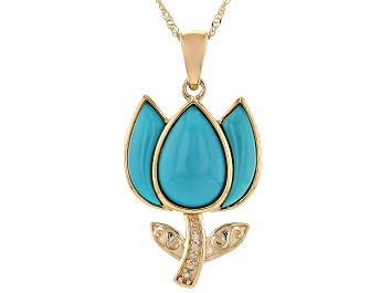 Picture of Pre-Owned Blue Sleeping Beauty Turquoise With White Diamond 10k Yellow Gold Pendant With Chain 0.03c
