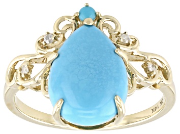Picture of Pre-Owned Blue Sleeping Beauty Turquoise With White Diamond Accent 14k Yellow Gold Ring 0.03ctw