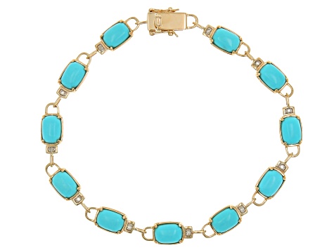 Pre-Owned Blue Sleeping Beauty Turquoise With White Diamond Rhodium Over 14k Yellow Gold Bracelet 0.