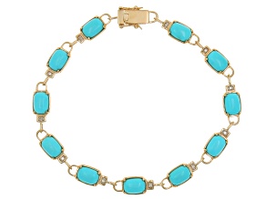 Pre-Owned Blue Sleeping Beauty Turquoise With White Diamond Rhodium Over 14k Yellow Gold Bracelet 0.