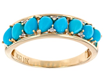 Picture of Pre-Owned Blue Sleeping Beauty Turquoise With White Diamond 10k Yellow Gold Ring 0.03ctw