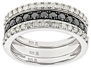 Pre-Owned Black And White Diamond Rhodium Over Sterling Silver Set of 3 Band Rings 1.00ctw