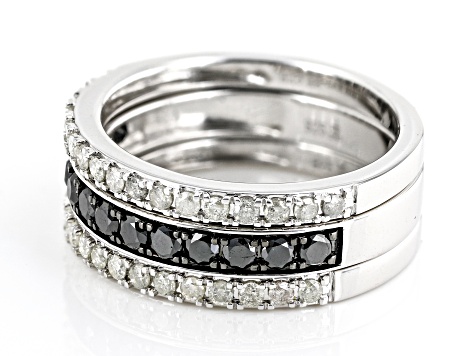 Pre-Owned Black And White Diamond Rhodium Over Sterling Silver Set of 3 Band Rings 1.00ctw