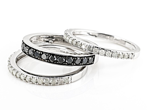 Pre-Owned Black And White Diamond Rhodium Over Sterling Silver Set of 3 Band Rings 1.00ctw