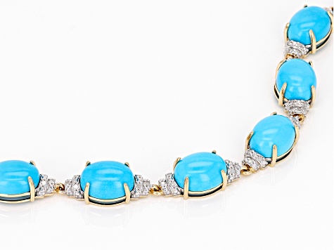Pre-Owned Blue Sleeping Beauty Turquoise With White Diamond 14k Yellow Gold Bracelet 0.22ctw