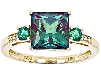 Picture of Pre-Owned Blue Lab Alexandrite with Lab Emerald and White Diamond 10k Yellow Gold Ring 3.02ctw