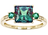 Pre-Owned Blue Lab Alexandrite with Lab Emerald and White Diamond 10k Yellow Gold Ring 3.02ctw