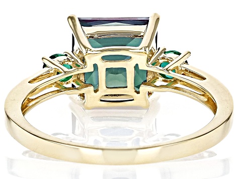 Pre-Owned Blue Lab Alexandrite with Lab Emerald and White Diamond 10k Yellow Gold Ring 3.02ctw