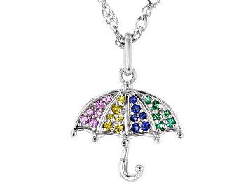 Picture of Pre-Owned Multi Color Lab Created Sapphire Rhodium Over Silver Childrens Umbrella Pendant With Chain
