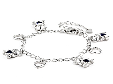 Pre-Owned Blue Lab Created Sapphire Rhodium Over Sterling Silver Teddy Bear Childrens Bracelet 0.98c