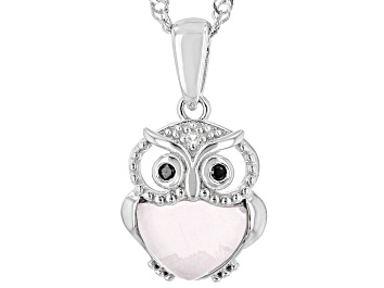 Picture of Pre-Owned Pink Rose Quartz Rhodium Over Silver Owl Childrens Pendant With Chain 0.03ctw