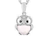 Pre-Owned Pink Rose Quartz Rhodium Over Silver Owl Childrens Pendant With Chain 0.03ctw