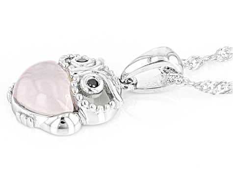 Pre-Owned Pink Rose Quartz Rhodium Over Silver Owl Childrens Pendant With Chain 0.03ctw