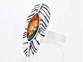 Pre-Owned Blended Spiny Oyster Shell and Blue Turquoise Rhodium Over Sterling Silver Feather Ring