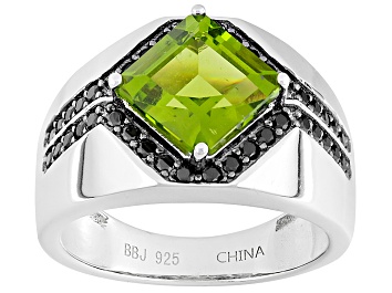 Picture of Pre-Owned Green Peridot Rhodium Over Sterling Silver Men's Ring 4.31ctw