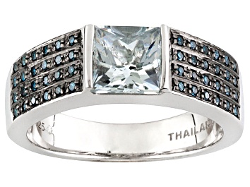 Picture of Pre-Owned Blue Brazilian Aquamarine Rhodium Over Sterling Silver Men's Ring 1.46ctw