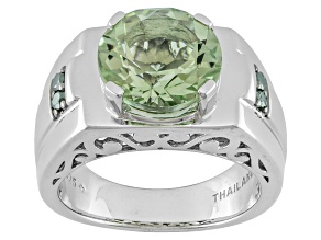 Pre-Owned Green Prasiolite Rhodium Over Sterling Silver Men's Ring 3.99ctw