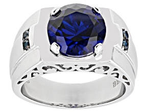 Pre-Owned Blue Lab Created Spinel with Blue Diamond Accent Rhodium Over Silver Men's Ring 4.61ctw